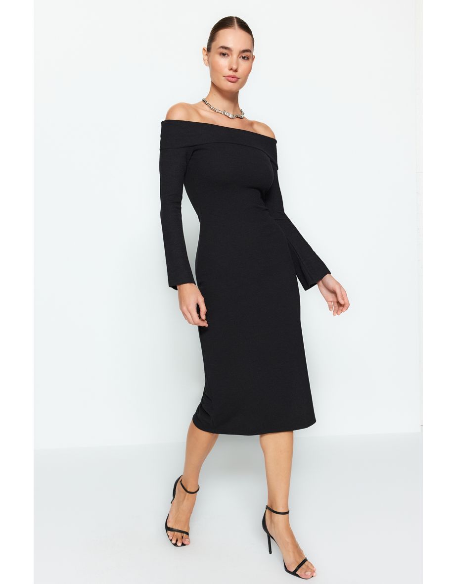 Black Fitted/Sticky Carmen Collar Corsair Soft-Texture Midi, Stretch Knit Dress  .