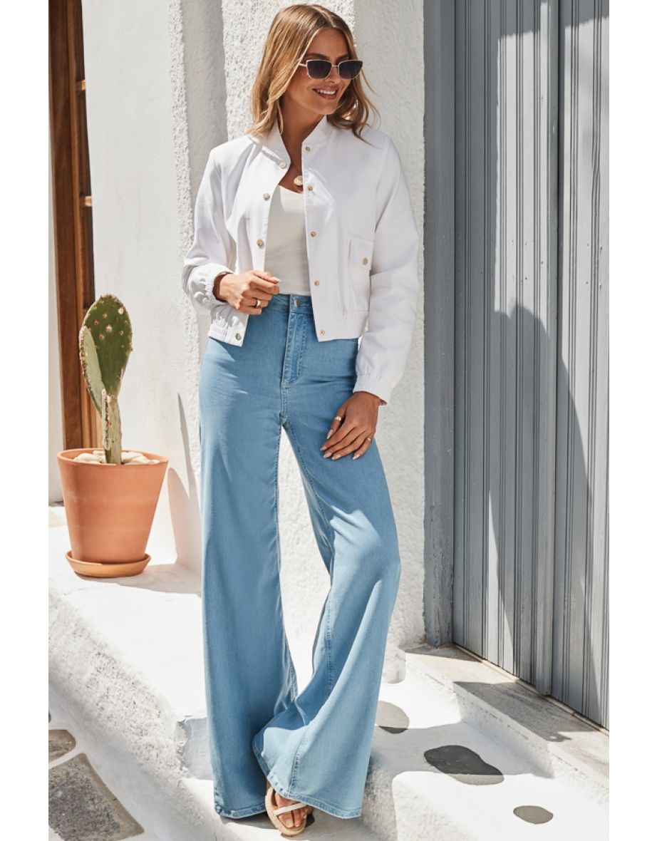 Summer White Bomber Jacket With Luxe Gold Buttons