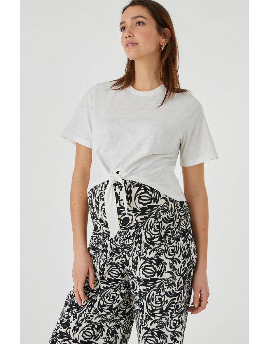 Tie-Front Maternity T-Shirt in Cotton with Crew Neck