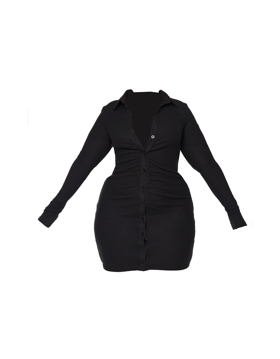 Plus Black Brushed Rib Long Sleeve Ruched Shirt Dress - 3