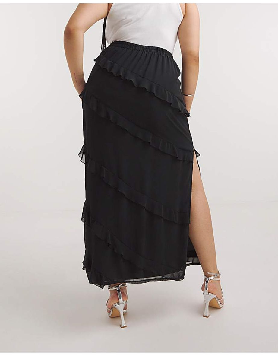Black Tiered Ruffle Maxi Skirt - 3