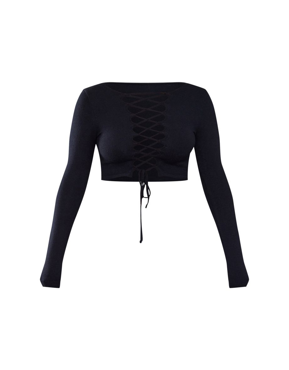 Black Knitted Lace Up Top - 4