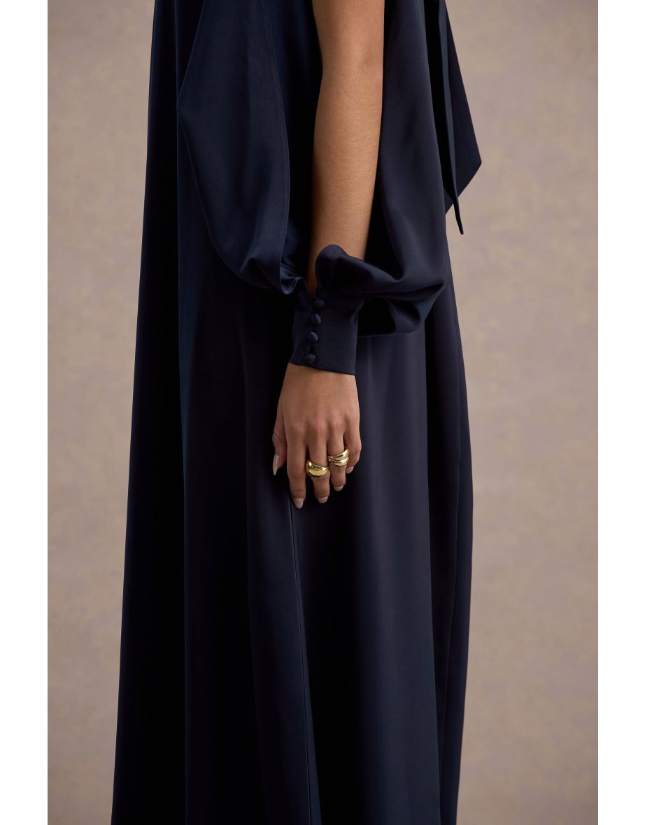 Baila | Navy Satin High-Neck Cape-Sleeve Maxi Dress - 4