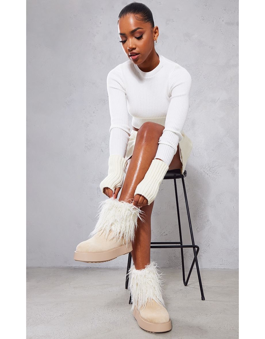 Cream Faux Suede Contrast Faux Fur Ankle Boot