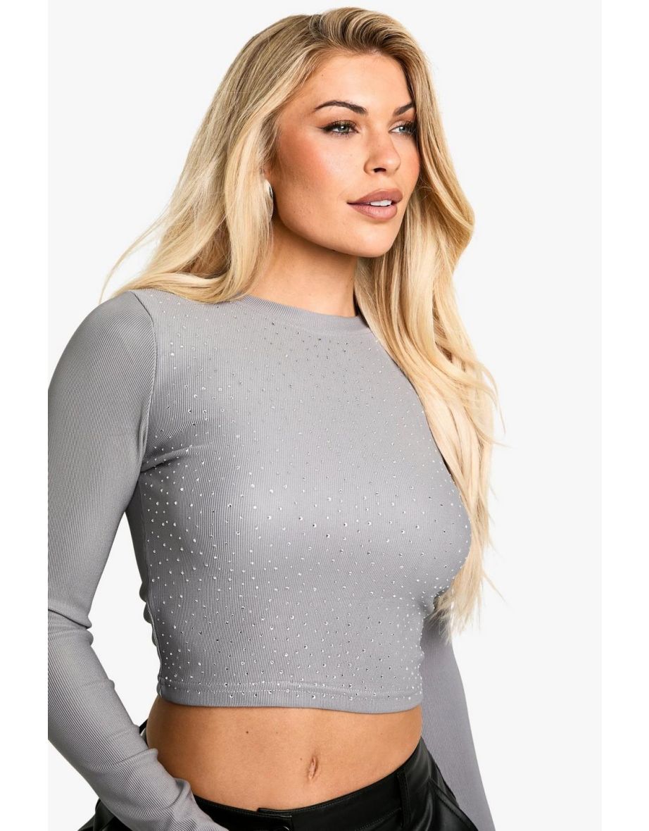 Diamante hotfix long sleeve top - charcoal - 3