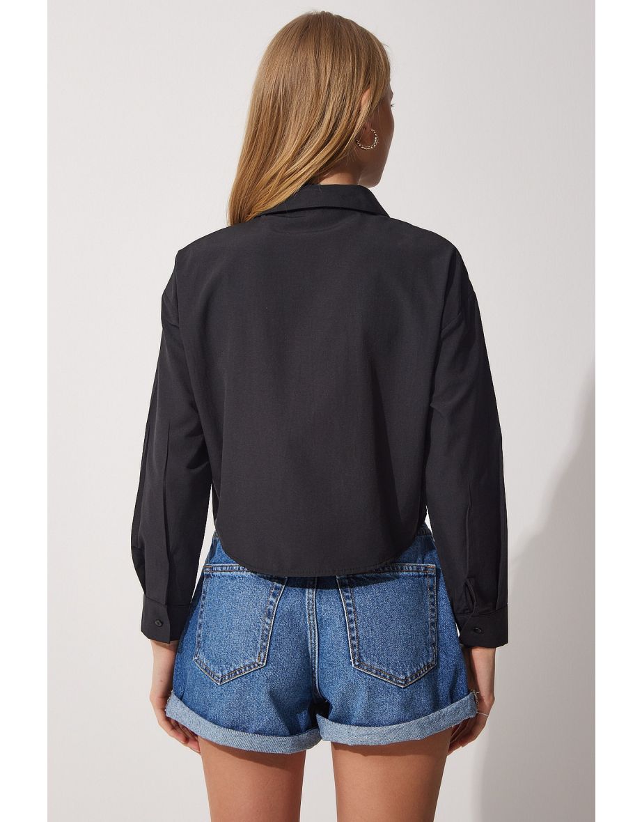 Women's Black Oversized Crop Poplin Shirt with Pockets - 4