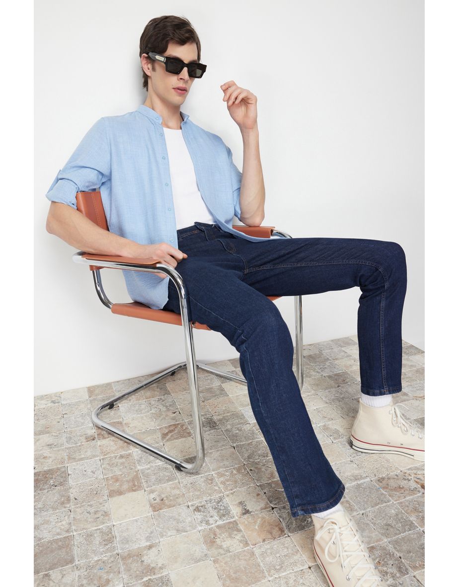 Men's Blue Slim Fit Large Collar Casual Shirt