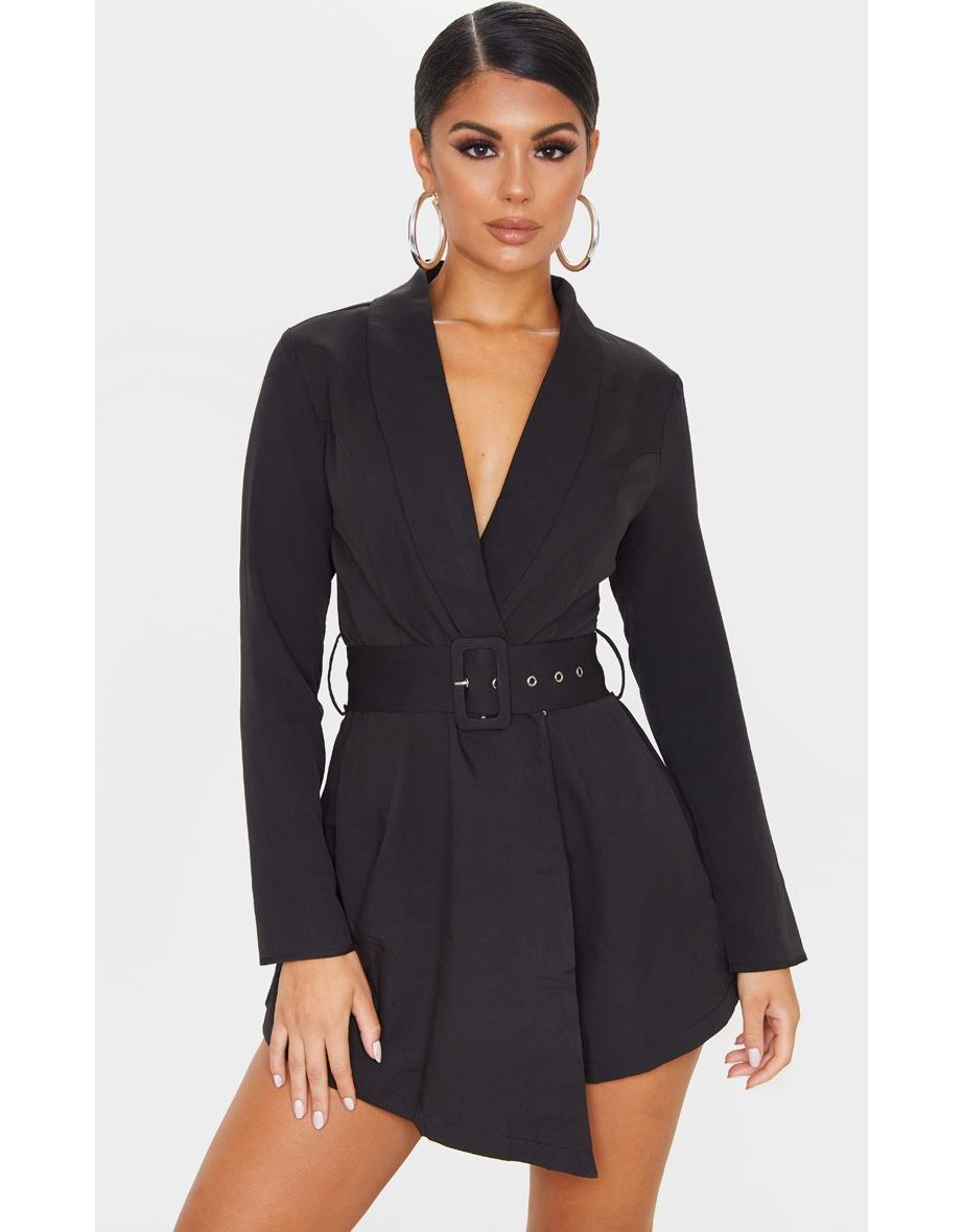 Black Long Sleeve Tailored Belted Playsuit