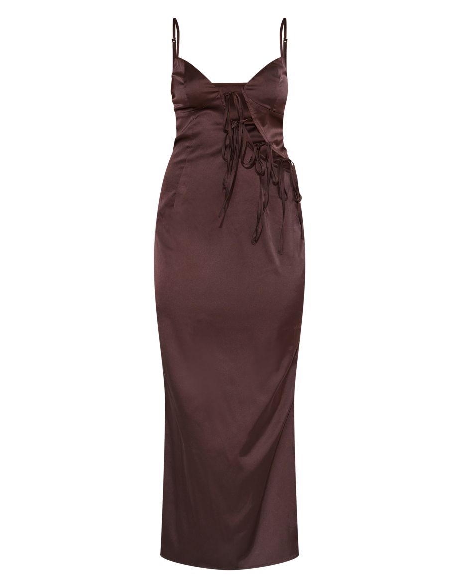 Brown Satin Bow Lace Up Cami Dress - 4