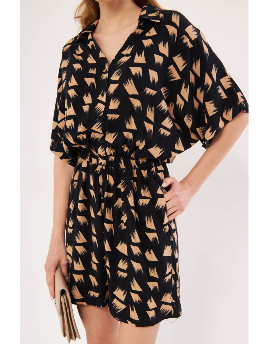 Women's Black Tria Jumpsuit Shirt Collar Pocket Patterned Short - 4