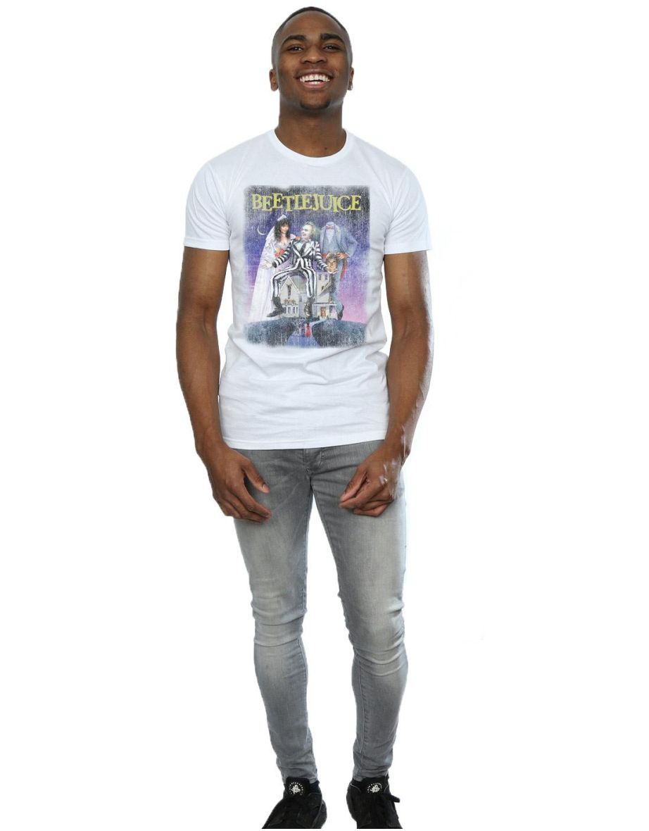 Beetlejuice Mens Distressed Poster T-Shirt - White - 3