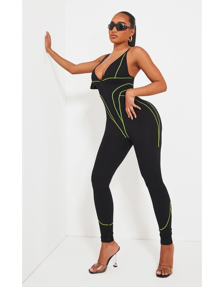 Shape Black Branded Contrast Stitch Zip Detail Gym Jumpsuit