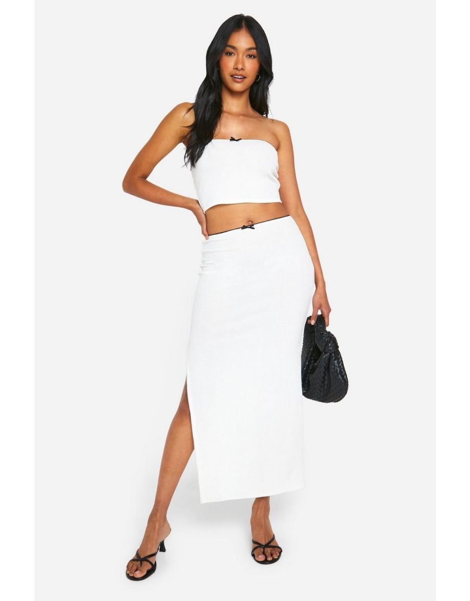 Ribbed Contrast Bow Detail Maxi Skirt - white
