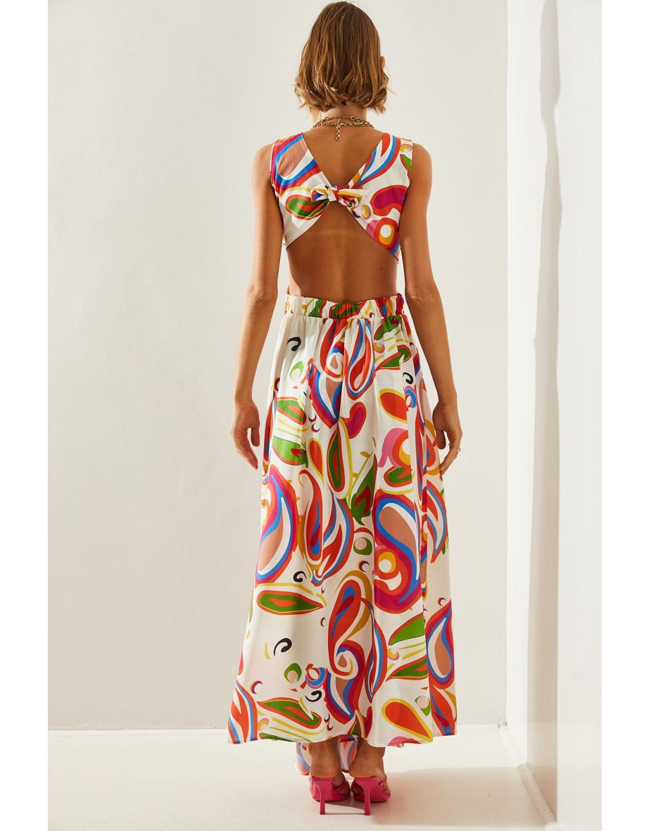 Women's Backless Kilos Cut Halter Neck Patterned Slit Detail Dress - 6