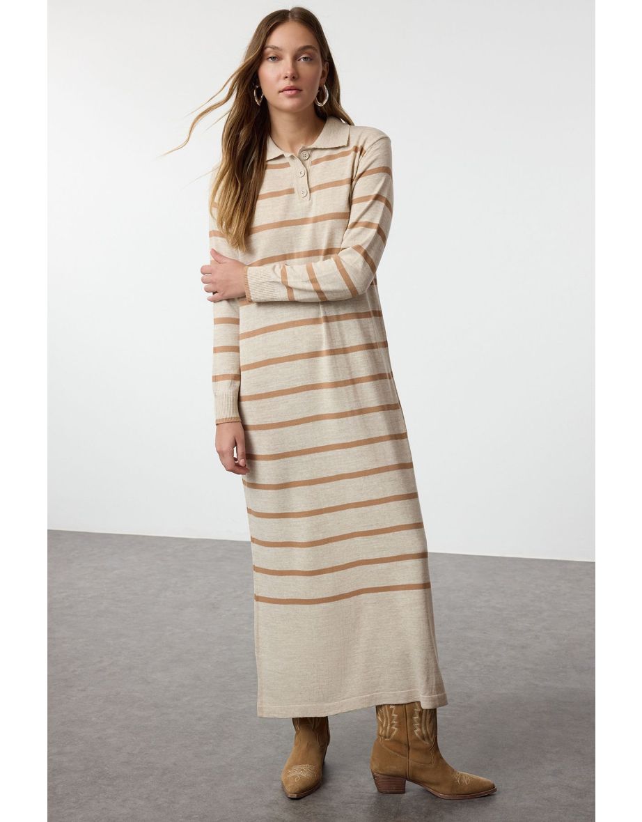 Stone Polo Collar Striped Knit Dress