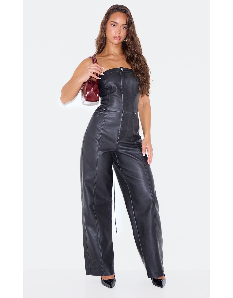 Black Faux Leather Bandeau Lace Back wide Leg Jumpsuit