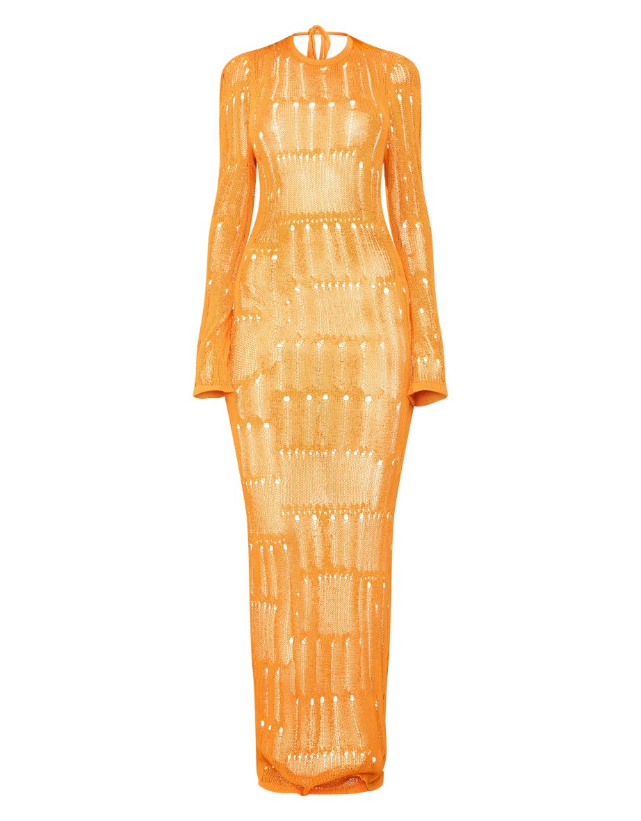 Petite Orange Knitted Open Back Long Sleeve Maxi Dress - 2