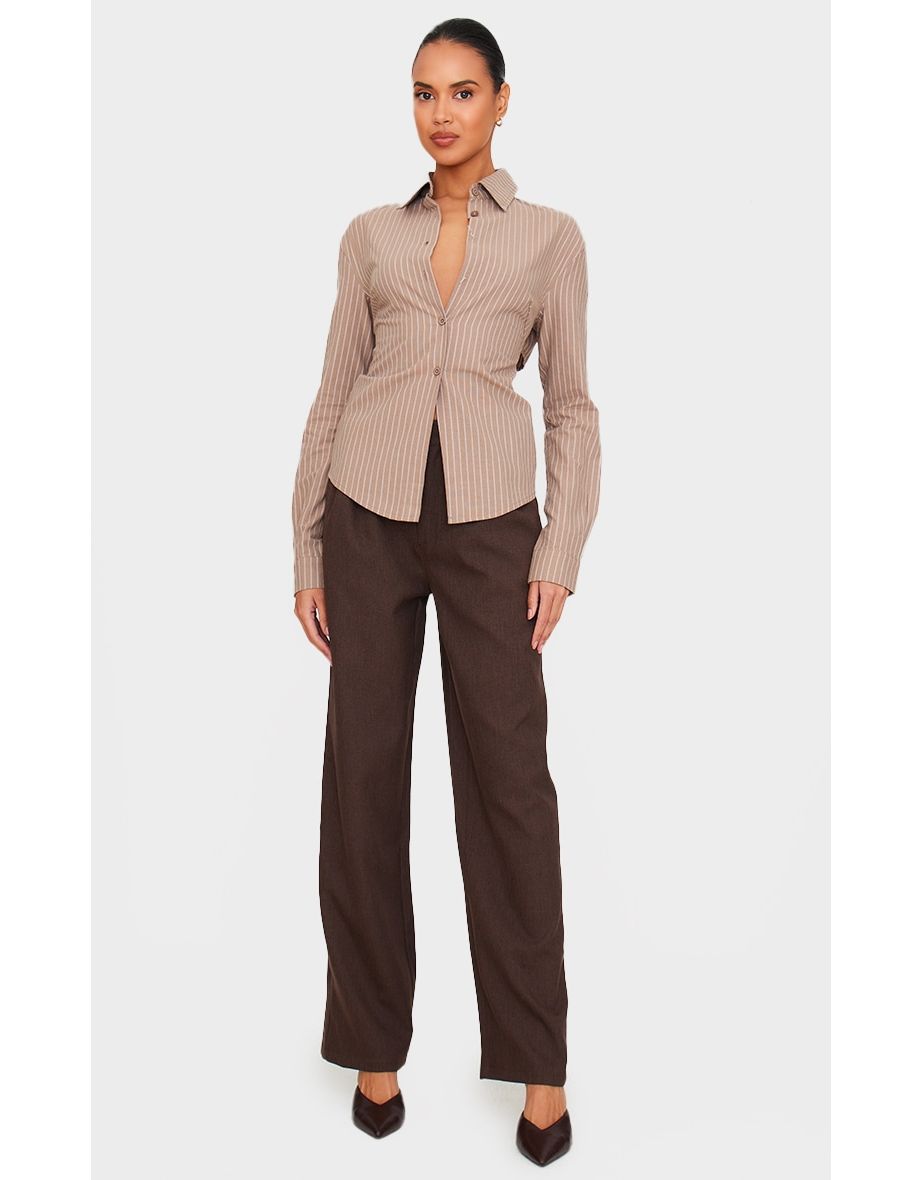 Taupe Striped Fitted Open Tie Back Shirt