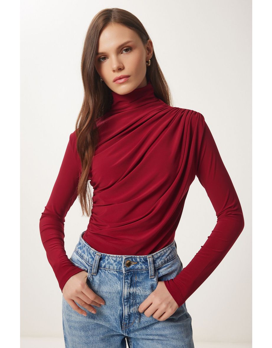 Women's Burgundy Gathered Detailed High Neck Sandy Blouse