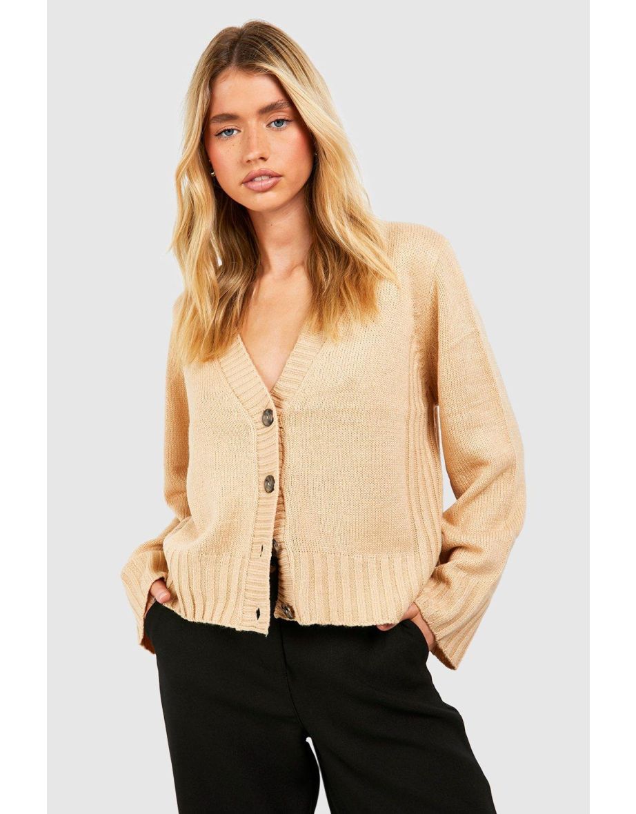 Knitted Button Through Wide Sleeve Cardigan - camel