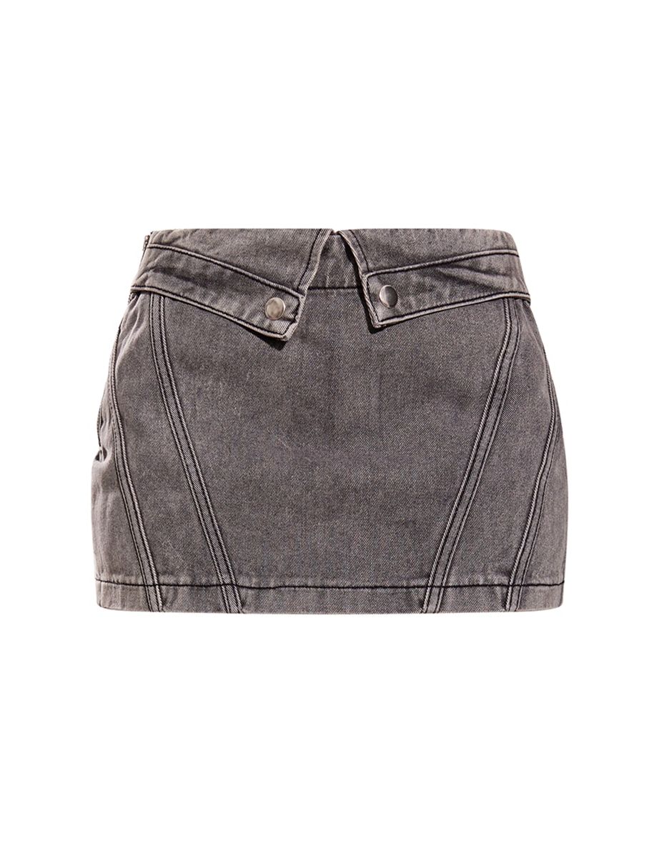 Washed Grey Biker Waistband Detail Denim Mini Skirt - 5