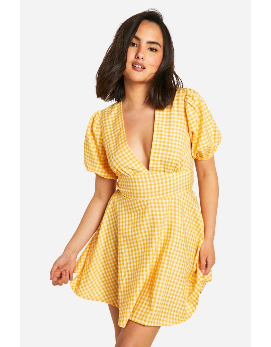 Gingham Puff Sleeve Smock Dress - yellow