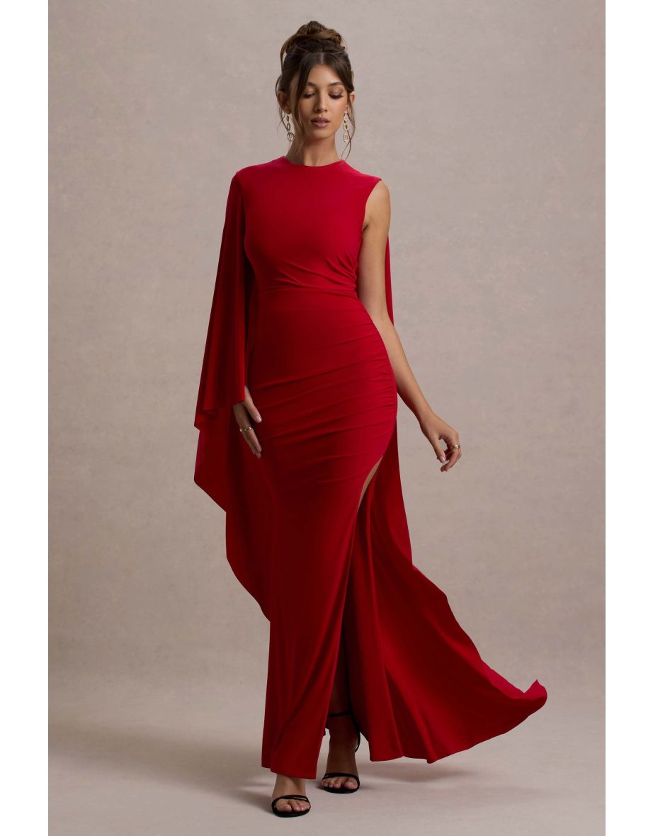 Yuna | Red Draped Maxi Dress With Cape