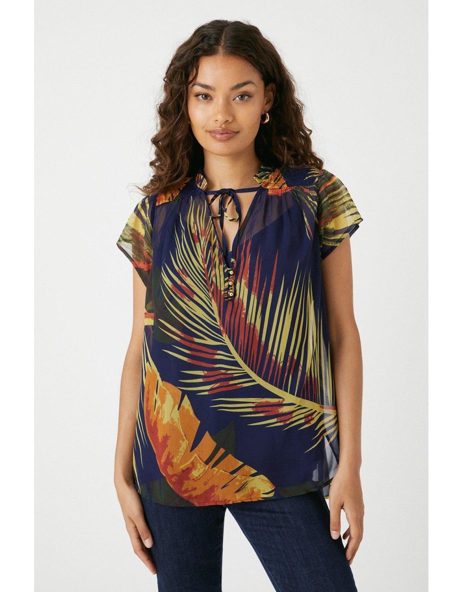 Petite Blue Palm Tie Neck Top