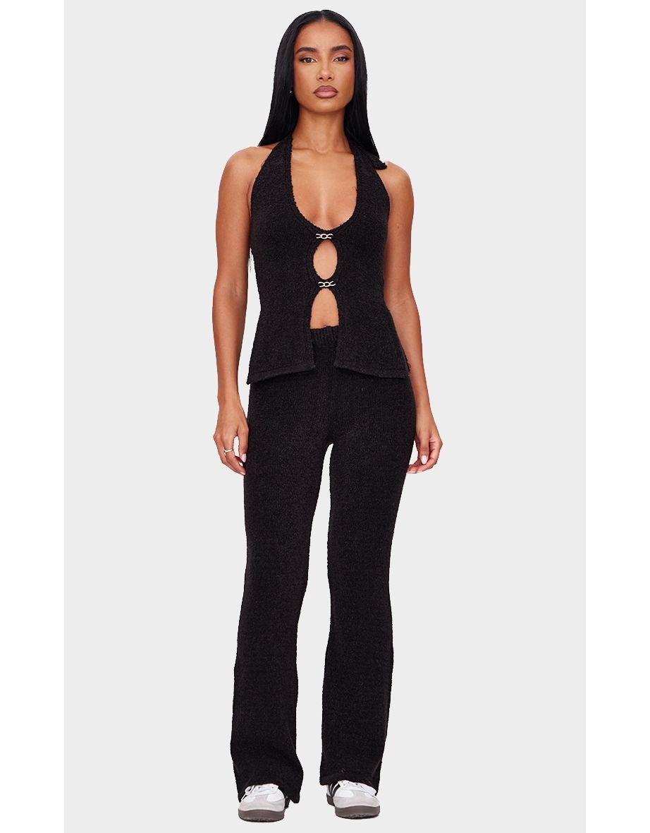 Black Soft Bobble Knit Gold Trim Waistcoat Top