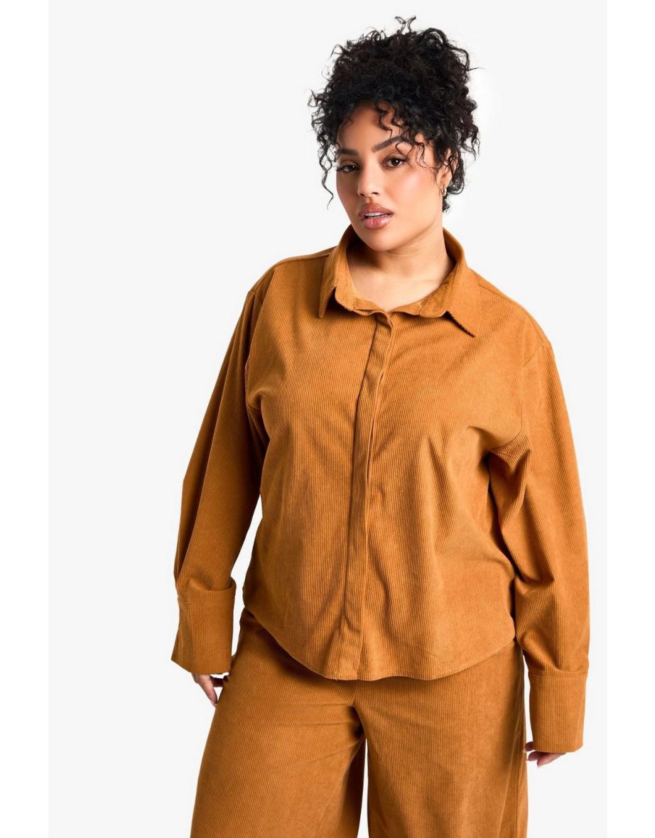 Plus Cord Oversized Shirt - tan