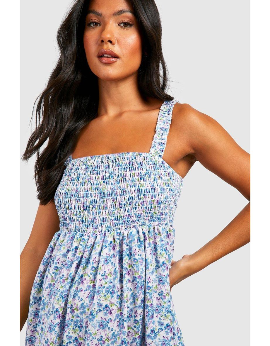 Blue Maternity Floral Ruched A-Line Maxi Smock Dress - 3