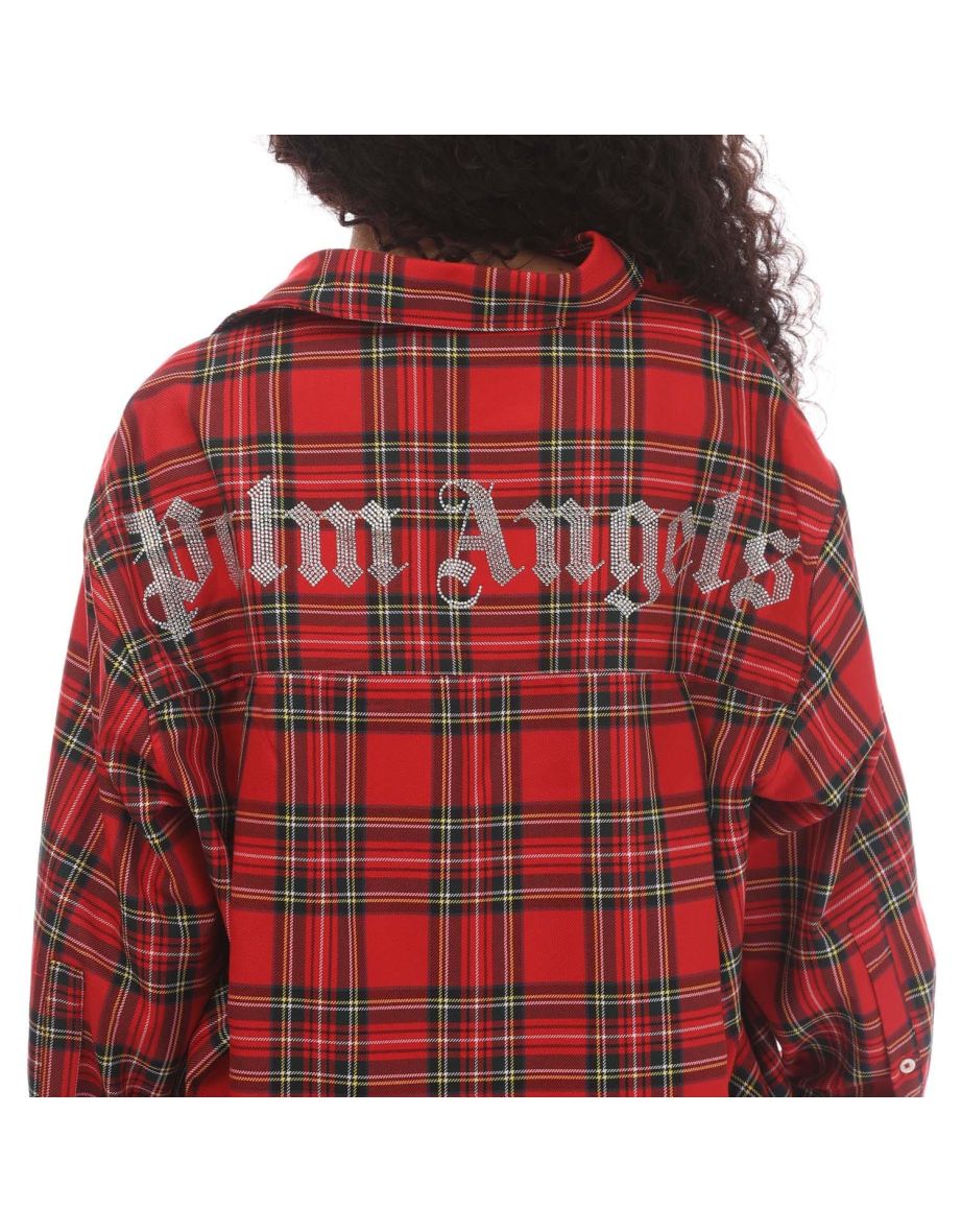 Women's Palm Angels Rhinestone Over Logo Shirt Dress in Red - 3