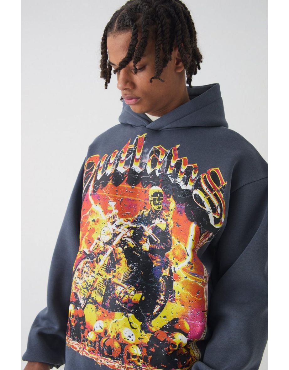 Oversized Boxy Outlaws Large Scale Graphic Hoodie - charcoal - 2