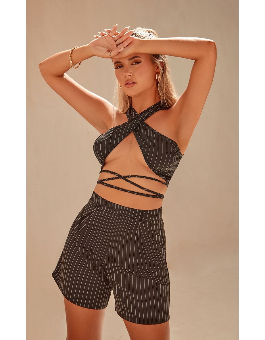 Black Pinstripe Wrap Cross Front Halterneck Crop Top