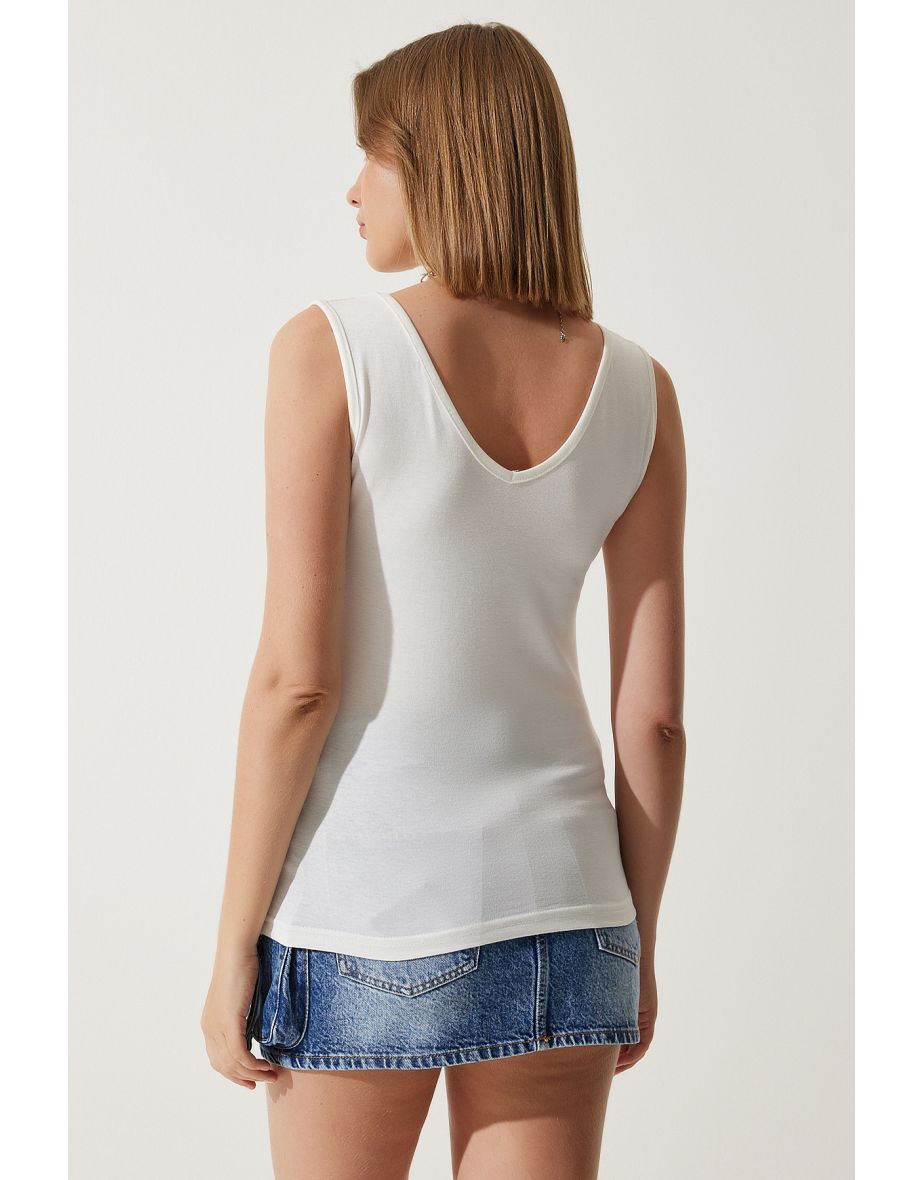 Women Ecru Deep Front Back V Neck Viscose Top - 4