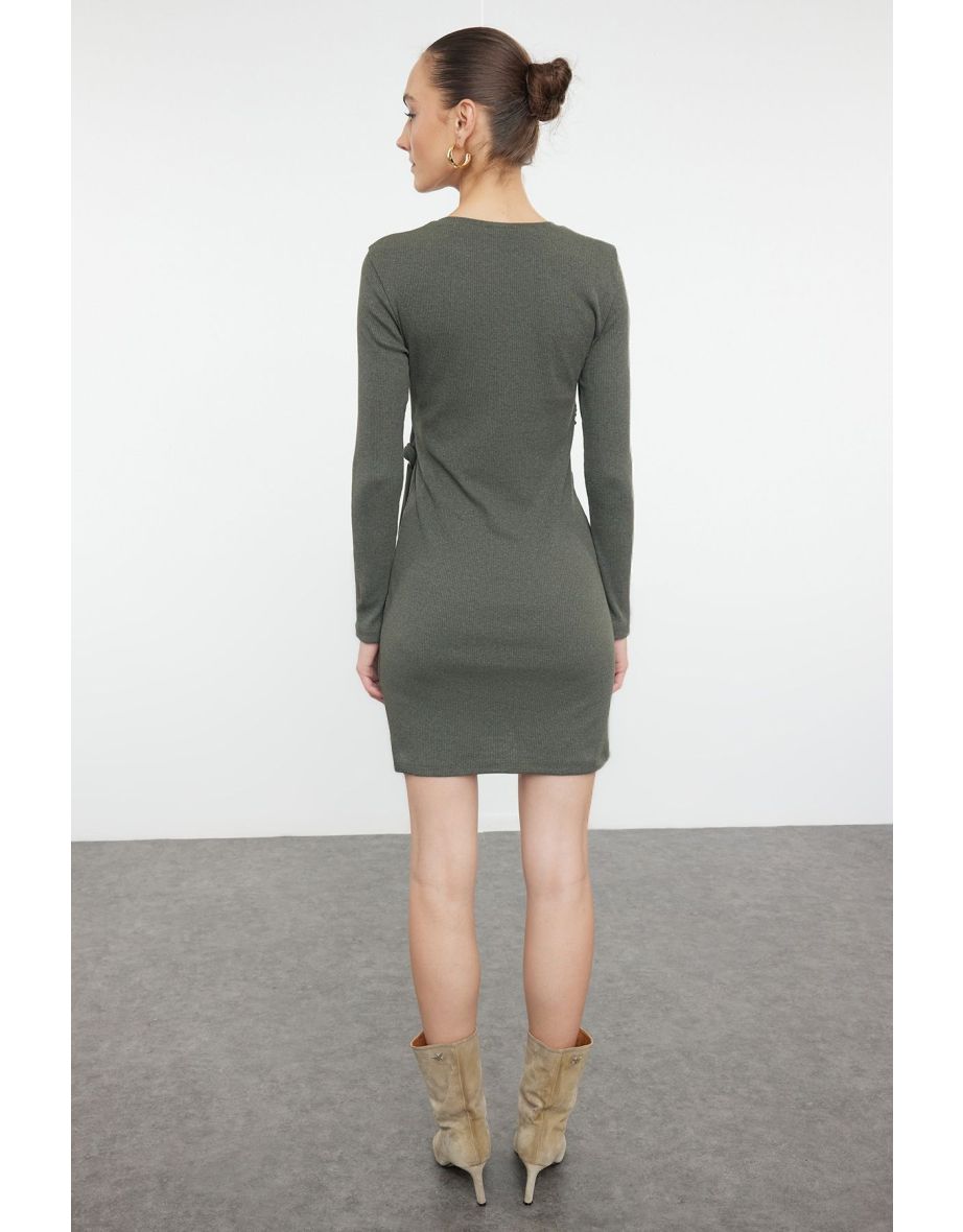 Khaki Fitted Flexible Mini Knitted Dress - 4