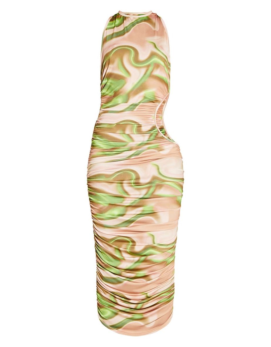 Green Printed Ruched Cut Out Midi Dress - 3