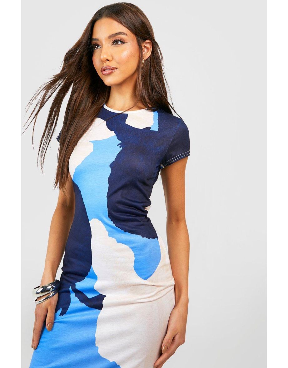 Abstract Cap Sleeve Bodycon Midi Dress - blue - 3