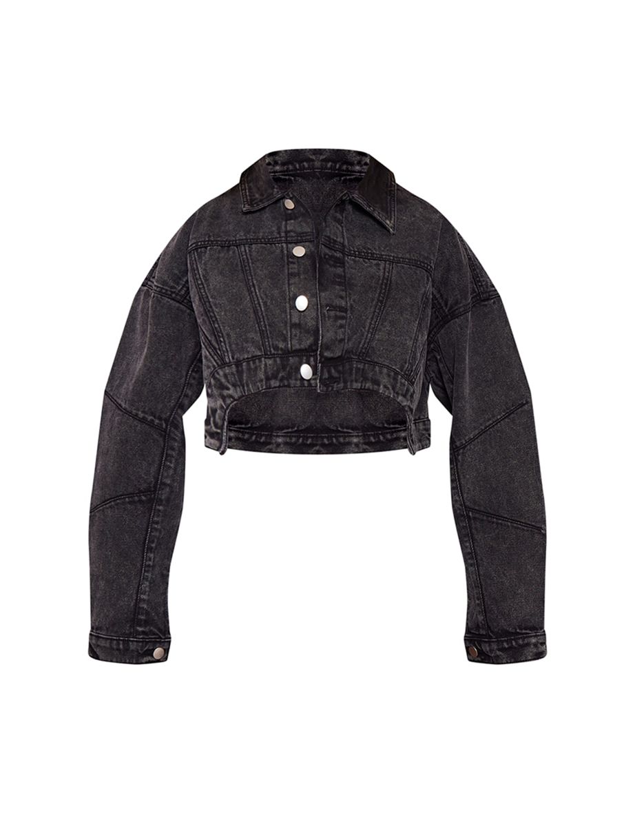 Washed Black Seam Detail Asymmetric Denim Jacket - 4