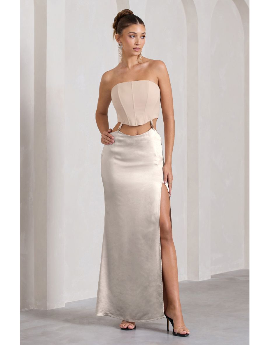 Champagne Showers | Nude Satin Strapless Split Maxi Dress