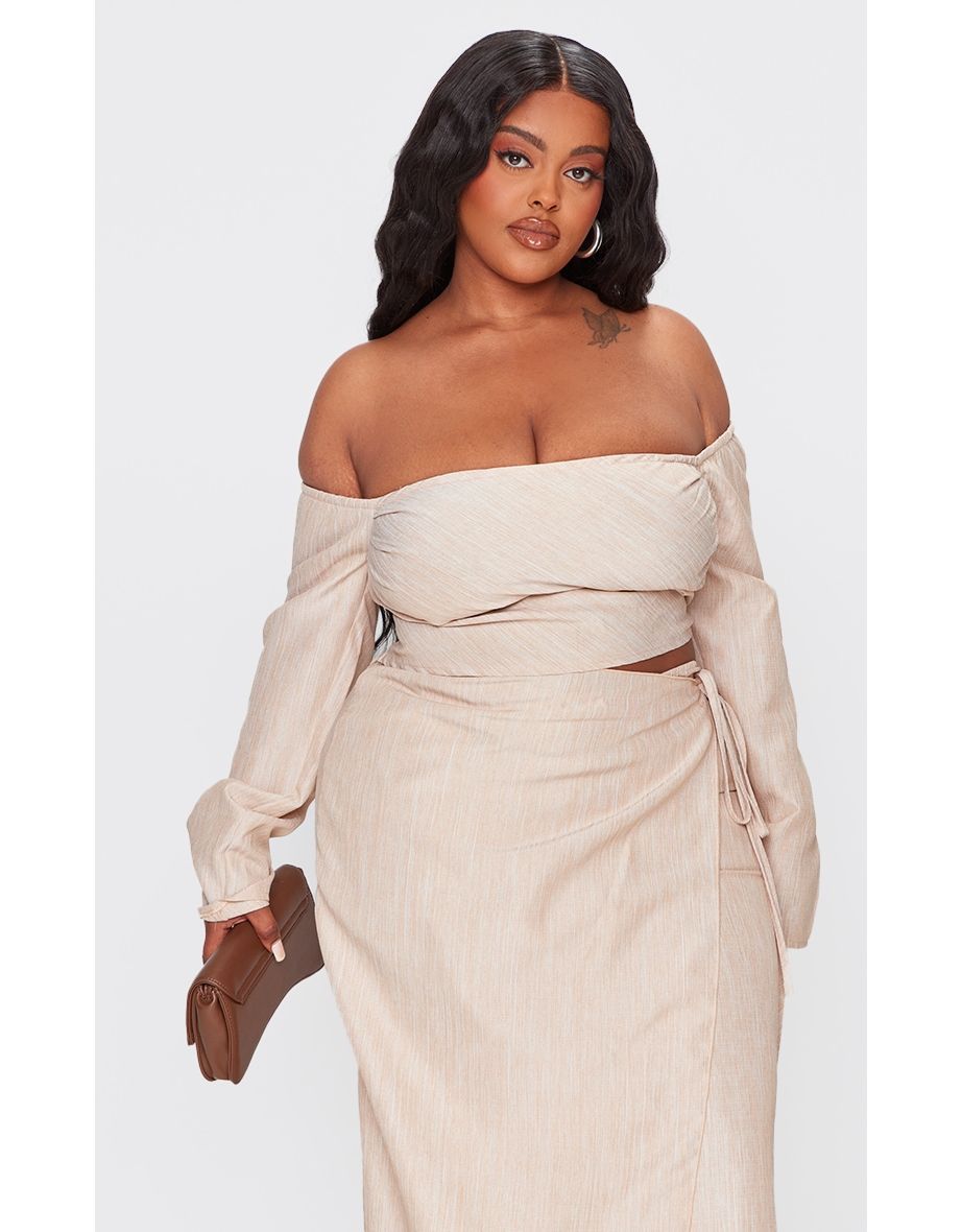 Plus Stone Long Sleeve Bardot Crop Top