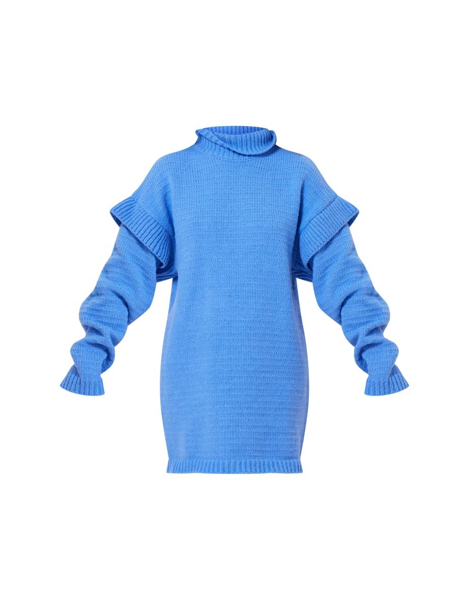 Powder Blue Sleeve Frill Roll Neck Knitted Jumper Dress - 4