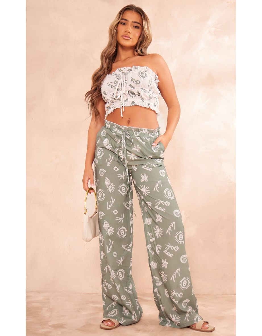 Khaki Abstract Printed Straight Leg Trousers