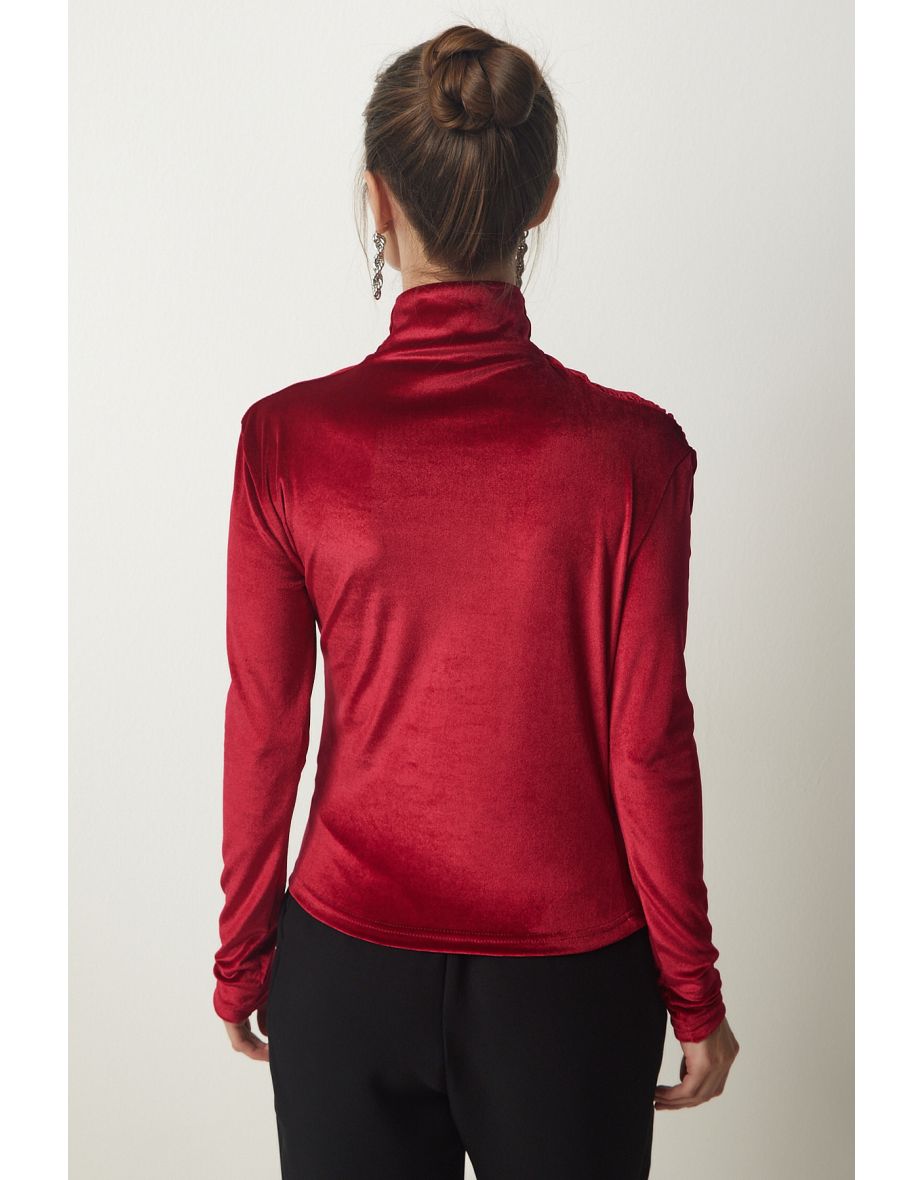 Women's Red Gathered Collar Elegant Velvet Blouse - 5