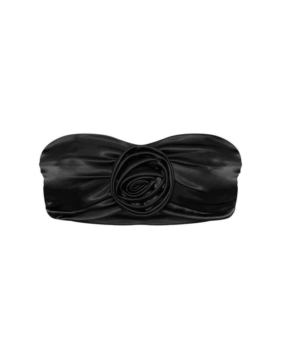Tall Black Satin Flower Detail Bandeau Top - 4