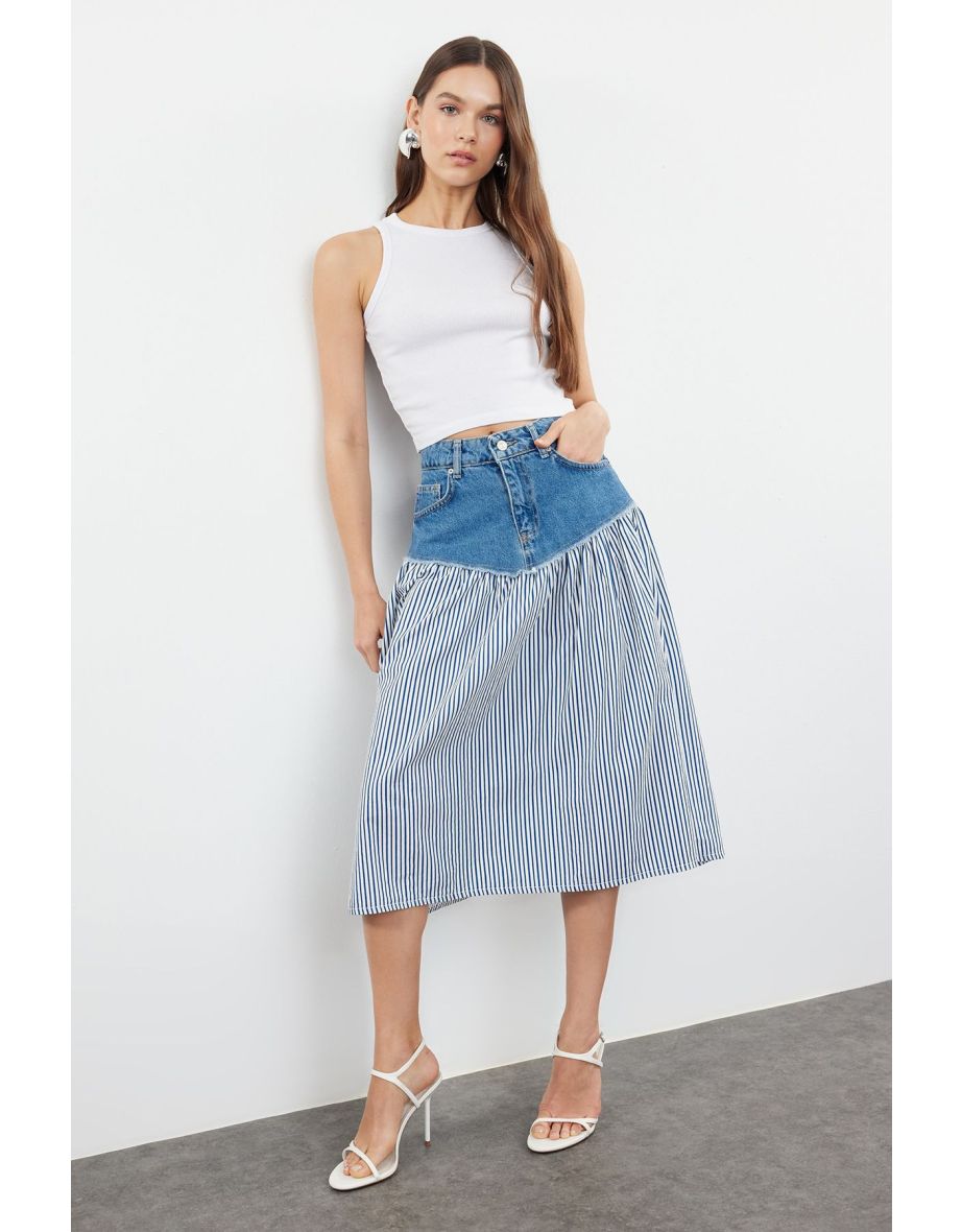 Shop Multicolored Striped Color Blocked High Waist Midi Denim Skirt Online in Bahrain VogaCloset