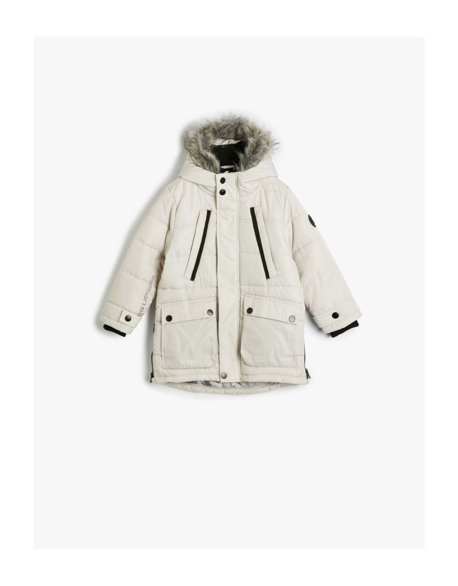 Furry Hooded Coat with Flap Pockets Zipper Detailed Wind Protection