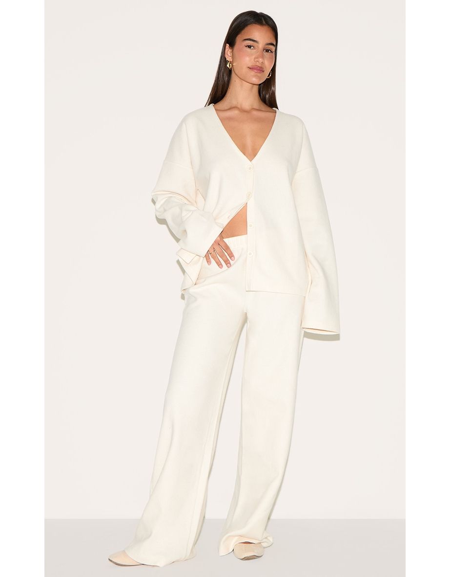 Cream Heavy Brushed Rib Slouchy Wide Leg Trouser