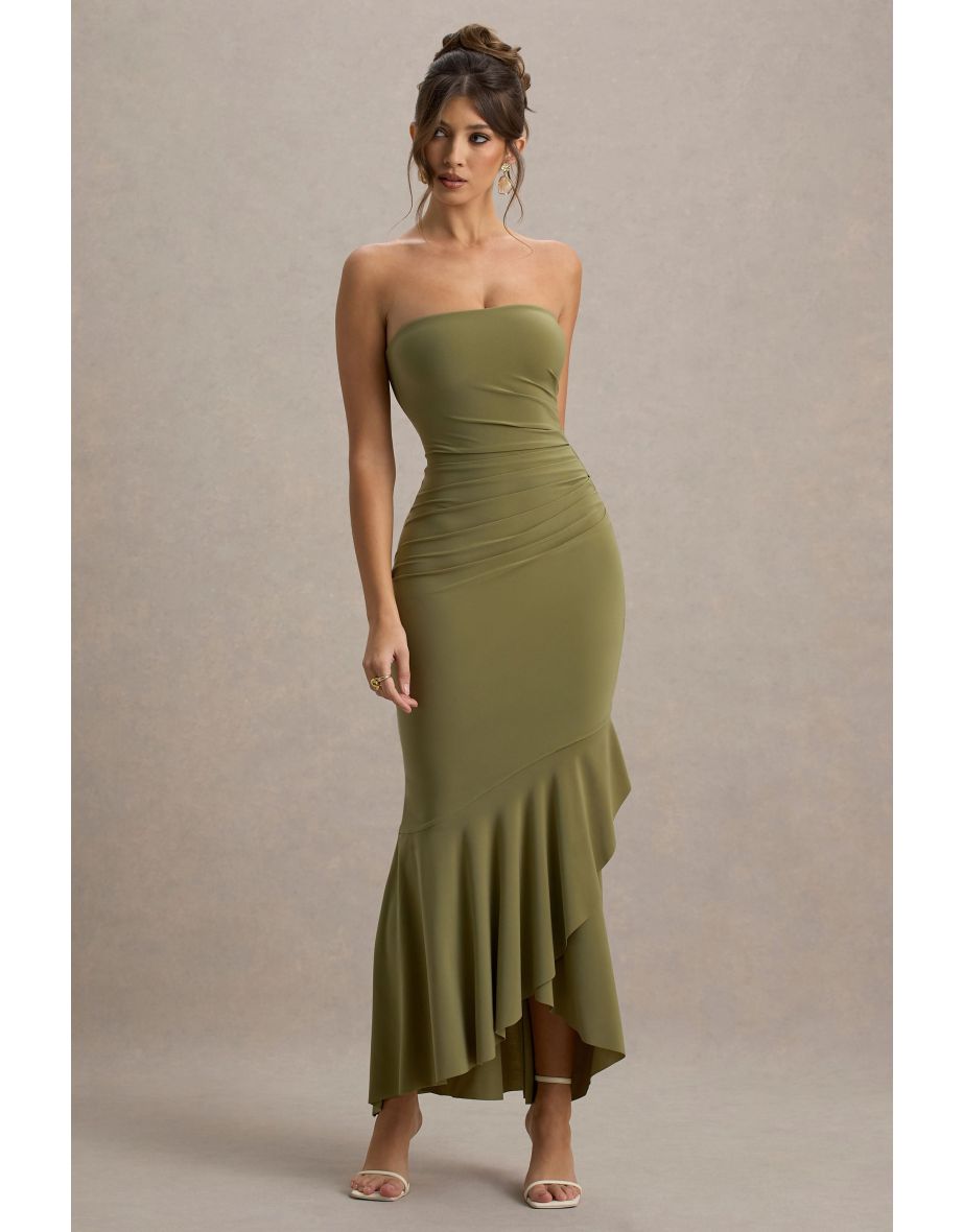 Capria | Olive Green Bandeau Wrap Maxi Dress