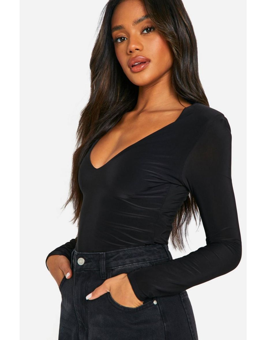 Slinky Plunge Front Long Sleeve Shoulder Pad Bodysuit - 3